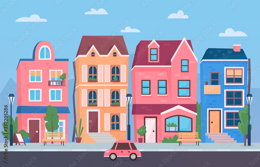 Sunny day small town street. Cartoon funny city buildings vector illustration.