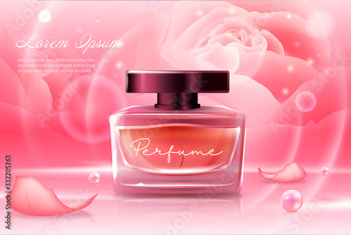 Perfume in pink rose glass cosmetic bottle with dark lid mockup realistic vector illustration. Stylish crystal pink rose background, flower petal on surface. Template for poster composition