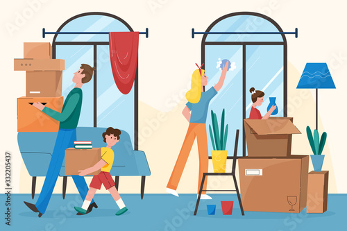 Happy family moving into new home flat character vector illustration concept. Parents with children housekeeping in modern apartment, mother and daughter clean windows, father and son carry card boxes