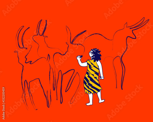 Little Child Caveman Character Wearing Pelt Painting Animals on Cave Wall. Ancient Period of Human Civilization, Neanderthal People Art and Lifestyle, Primitive Culture. Linear Vector Illustration