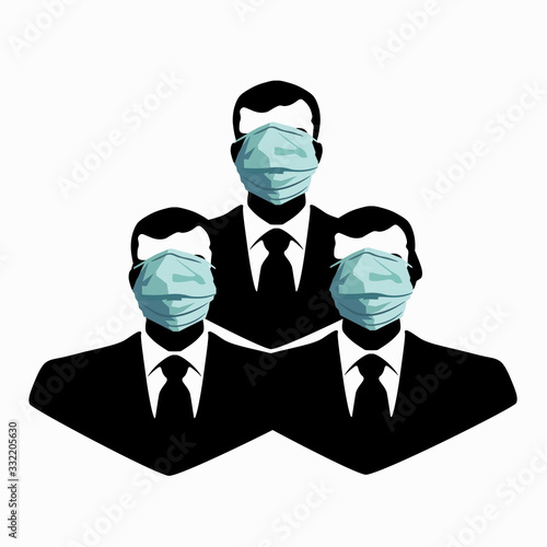 Group of men in medical masks on a white background. Risk of infection
