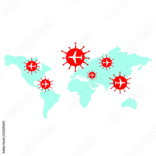 World map with flying planes and coronavirus molecules. Spread of infection.