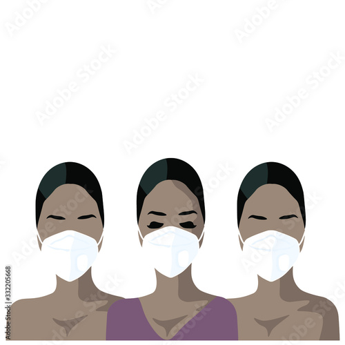 Group of women in medical masks on a white background. Risk of infection