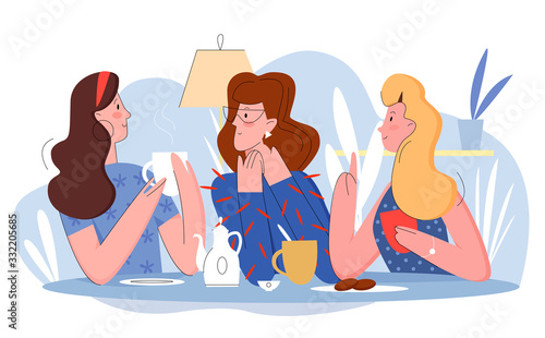 Three pretty women in cafe flat line character vector illustration concept. Interesting lively conversation with cup of tea or coffee, attention to friend, comic lovely persons hen party