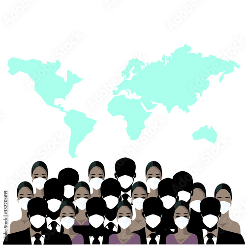 Group of people in medical masks on a world map background. The threat of nucleation