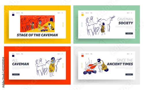 Primitive People Caveman Family Live in Cave Landing Page Template Set. Ancient Neanderthal Culture. Member of Tribe Characters Father, Mother and Children Lifestyle. Linear Vector Illustration