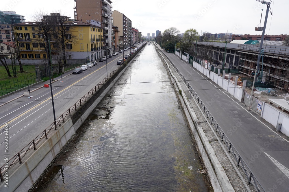 Europe, Italy, Milan March 2020 - Closed parks and deserted roads after the new restrictive ordinance for the Lombardy region during the n-cov19 coronavirus epidemic emergency