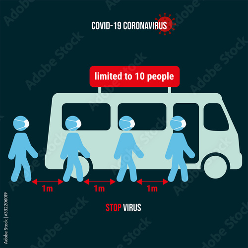 People take turns in the bus. People in medical masks. Coronavirus Covid -19