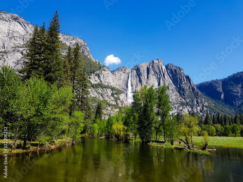 View of lake and waterfall, Yosemite national park 