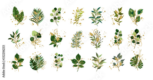Fototapeta Gold green tropical leaves wedding bouquet with golden splatters isolated on white background. Floral foliage vector illustration arrangement in watercolor style. Botanical art design