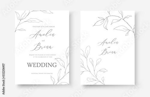 Wedding line art silhouette leaves floral minimalist invitation card save the date design. Botanical elegant delicate decorative vector template in outline style
