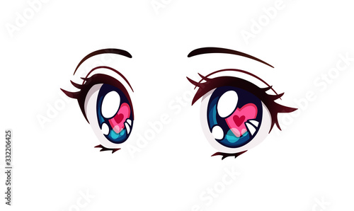 Happy anime style big blue eyes with hearts. Hand drawn vector illustration.