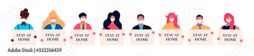 Set of man woman avatar with medical masks on face with placard in hands stay at home quarantine coronavirus infection China covid-19 virus pandemic worldwide. Vector illustration in flat style