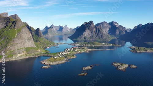 aerial view. flight over the Atlantic ocean,view on the fishing village Reine and Hamnoya .Lofoten Islands,Norway.