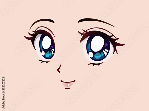 Happy anime face. Manga style big blue eyes, little nose and kawaii mouth.
