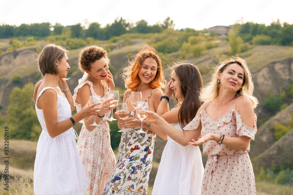The company of female friends enjoys a summer picnic and raise glasses with wine The company of female friends enjoys a summer picnic and raise glasses with wine
