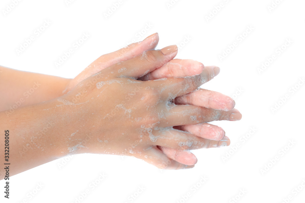 Close up of washing hands with soap isolated on white background Coronavirus prevention hand hygiene. Corona Virus pandemic protection by cleaning hands frequently. Close up of washing hands with soap isolated on white background Coronavirus prevention hand hygiene. Corona Virus pandemic protection by cleaning hands frequently.