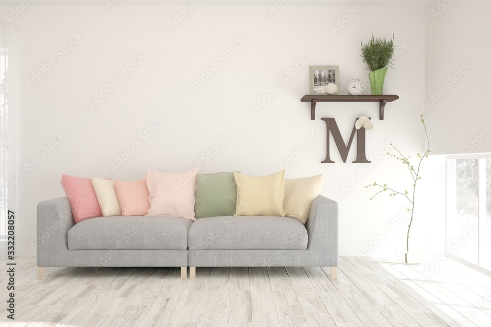 Fototapeta premium White living room with sofa. Scandinavian interior design. 3D illustration