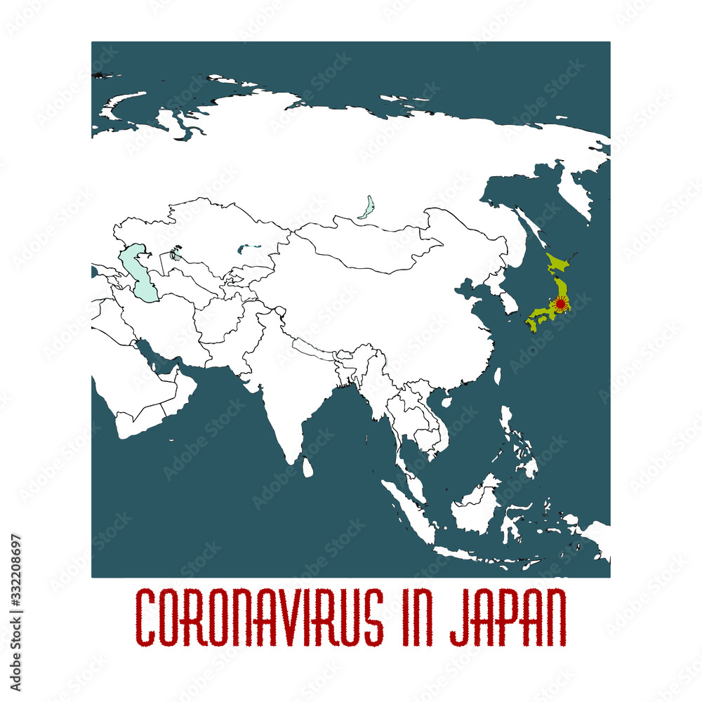 Coronavirus infection in Japan, Asian map with emphasized country. 2020 disease. Vector stock illustration in cartoon style.