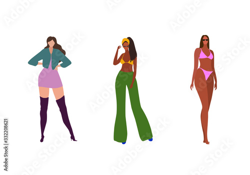 Vector illustration set of girls standing pose, fashion style model, women on vocation modern sketch 