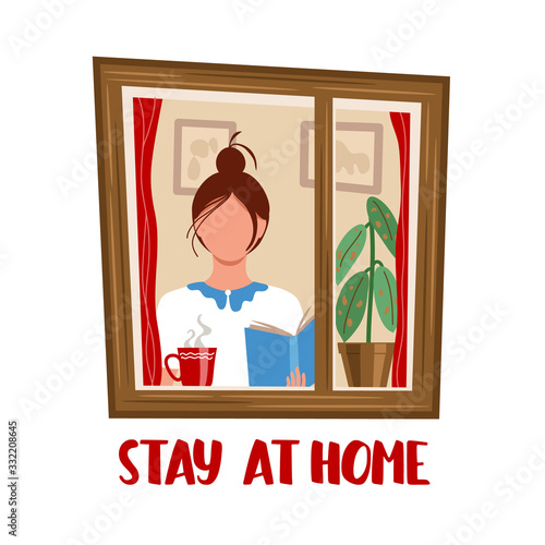 Young woman with book and cup of tea staying by the window in self quarantine, protection from virus. Coronavirus prevention concept. Vector illustration drawing in flat style with text Stay at home