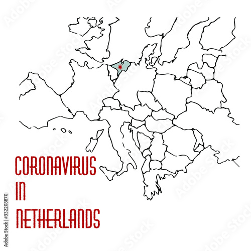 Coronavirus infection in Netherlands, european map with emphasized country. 2020 disease. Vector stock illustration in cartoon style.