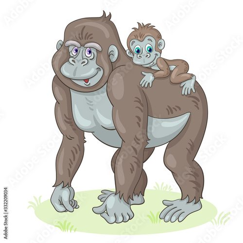 Big, cute gorilla mother with a baby on her back. In cartoon style. Isolated on white background. Vector illustration.