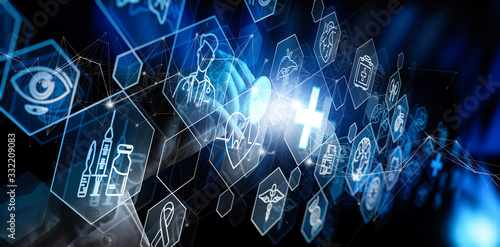 Obraz na płótnie AR and VR concept.Doctor hand with stethoscope and Ui icon medical in hospital with medical technology network concept. w salonie