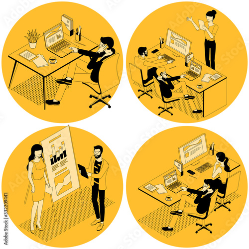 Black and yellow flat design isometric vector illustration of business communication in modern office. Trendy color template for teamwork and workflow for presentation, website and app design.