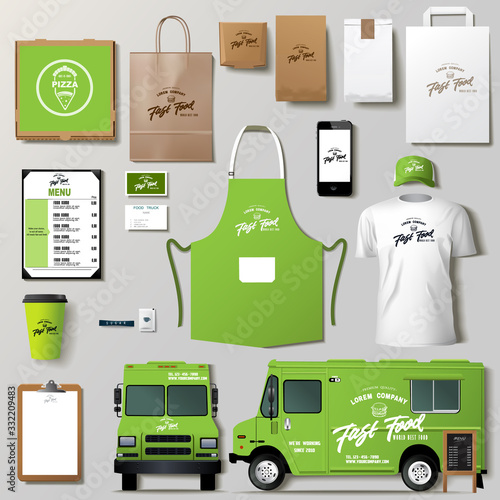 Vector food truck corporate identity template design set. Branding mock up.