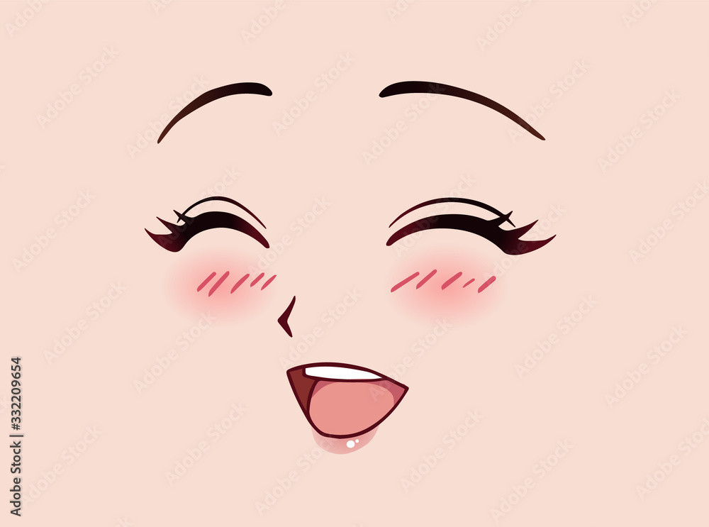 Happy anime face. Manga style closed eyes, little nose and kawaii mouth.  Stock Vector | Adobe Stock