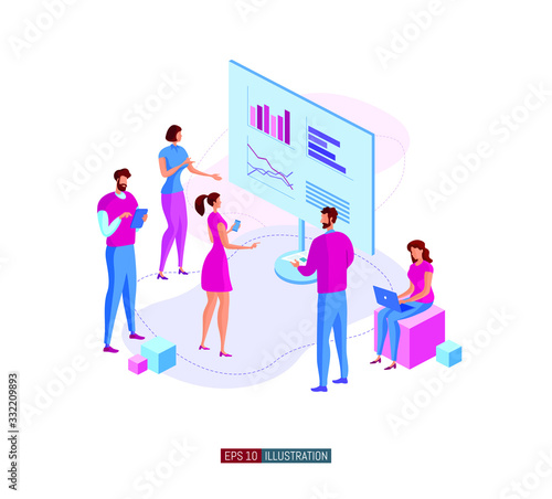 Trendy flat illustration. Office workers planing business mechanism, analyze business strategy and exchange ideas. Template for your design works. Vector graphics.