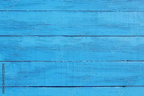 Old painted wooden boards in blue. Horizontal view. Background. Texture.