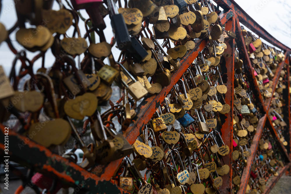 Love lockers in Montmartre neighborhood in Paris, France. Love lockers in Montmartre neighborhood in Paris, France.