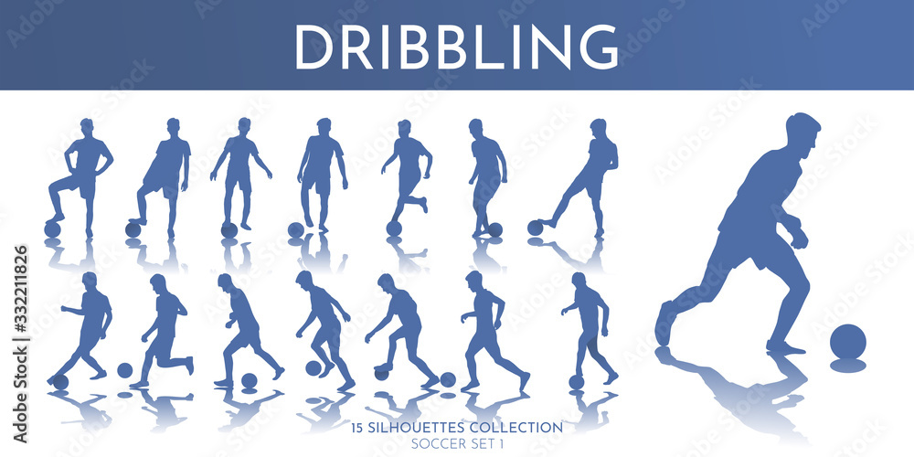 Vector illustration. The guy runs with the ball. Dribbling. Keeping the ball. Set of isolated soccer silhouettes. Summer sports games. Design elements for logos, emblems, banners. 