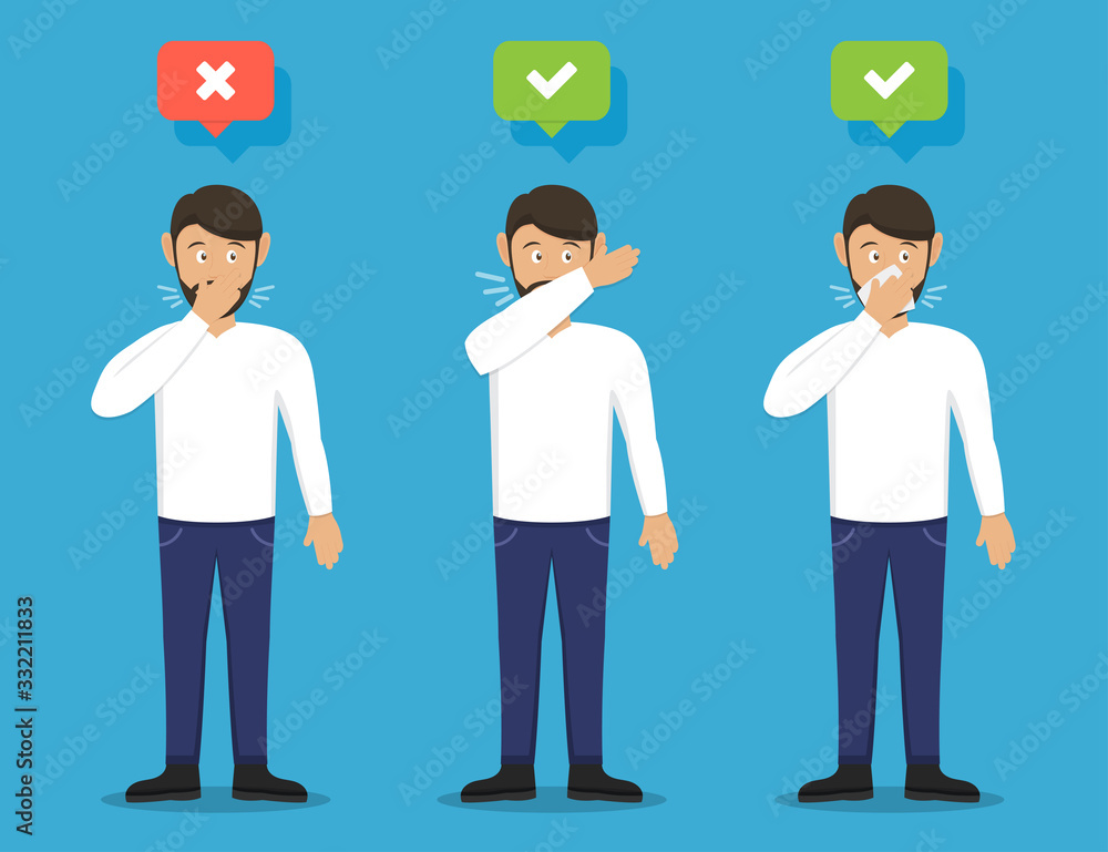 Fototapeta premium How to cough and sneeze and not spreading virus. Man for wrong cough in hand and the correct method in napkin and elbow fold. Preventive measures against coronavirus