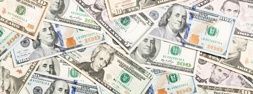 Top view of various dollar cash background. Different banknotes concept. Wealth and rich concept Top view of various dollar cash background. Different banknotes concept. Wealth and rich concept