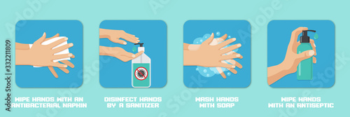 Hands wash and disinfection backgrounds set in a flat design. Preventive measures against coronavirus