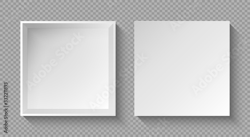 Realistic box top view with shadow on transparent background. 3d carton paper square, empty open cardboard mockup. Open gift box or white blank package. Paper square container. Vector illustration.
