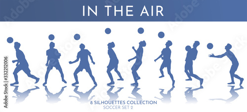 Vector illustration. The guy stuffs the ball on his head. Juggling the ball in the air. Set of isolated soccer silhouettes. Summer sports games. Professional skill. Design for training school banner