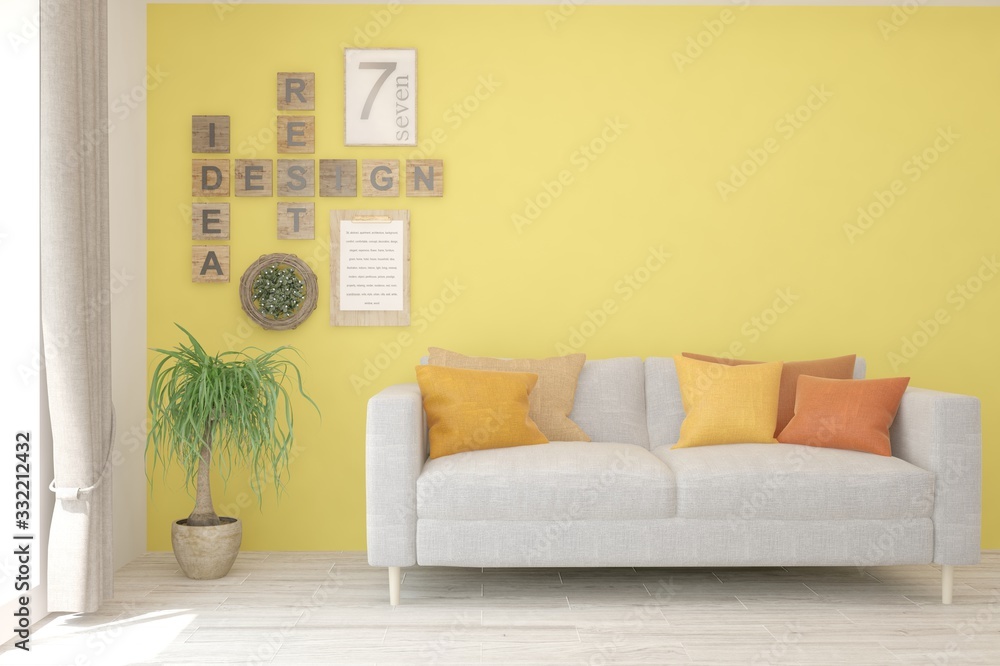 Naklejka premium Yellow living room with sofa. Scandinavian interior design. 3D illustration