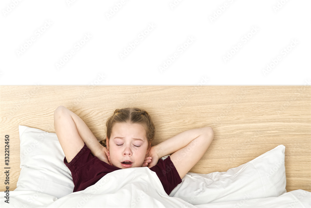 Beautiful young girl stretching in the morning at bedroom. Beautiful young girl stretching in the morning at bedroom.