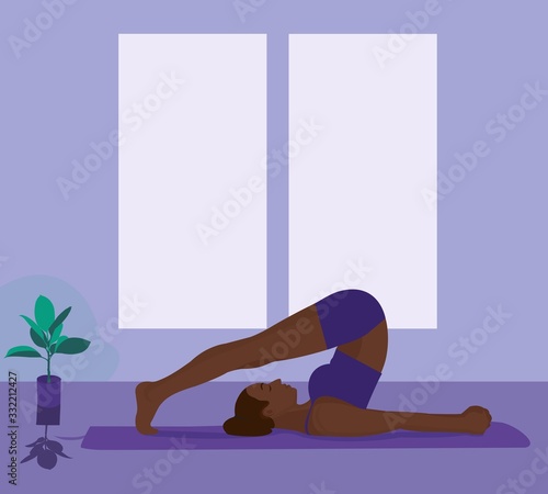 A young woman in Yoga pose on blue background. Relax and meditate. Healthy lifestyle. Balance training. Women silhouette. Collection of yoga poses. Vector illustration.