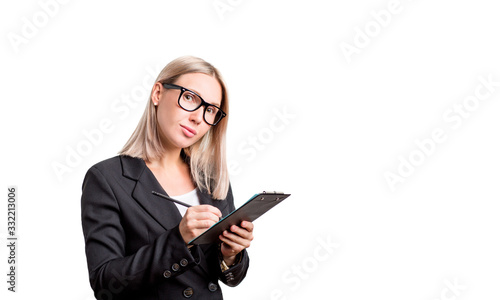 blonde in a black jacket and glasses, businesswoman, isolate