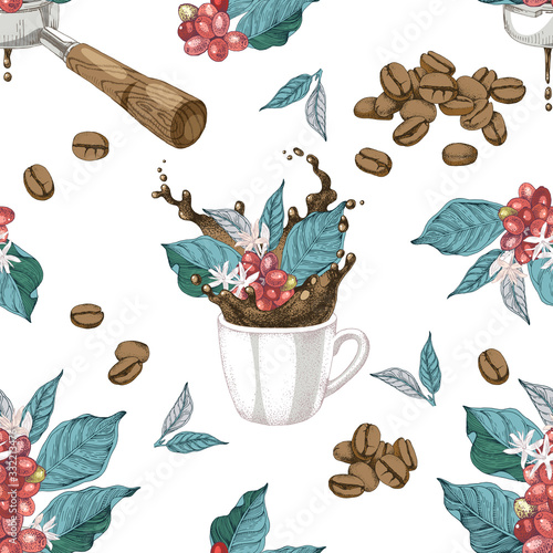 Seamless pattern with coffee branches, beans, portafilter and cup with splash