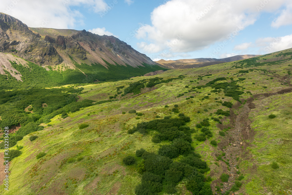 Obraz premium aerial view of Kamchatka volcanos, green valleys, snow and ice and the wonderful view of pure nature.