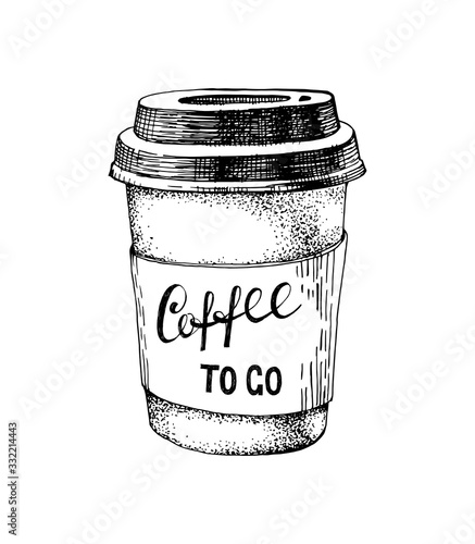 Hand drawn paper coffee cup with lettering coffee to go