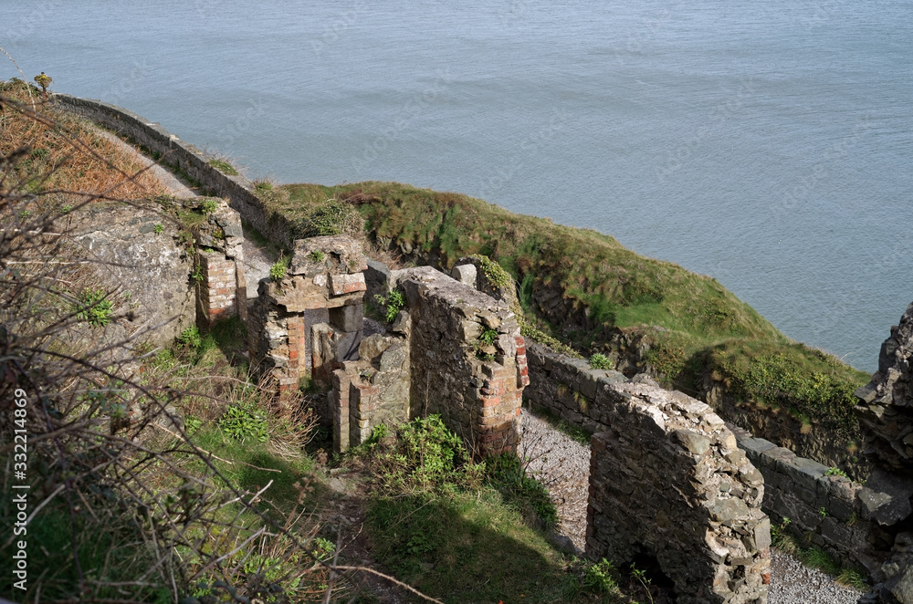 The 19th century ruins known as the Lord Meath’s Lodge at the trail of Bray to Greystones cliff walk in Ireland.