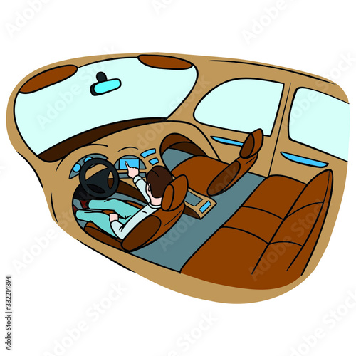 car cockpit from the inside. man presses on the navigation system. autonomous driving, future, diagonally from above, illustration.