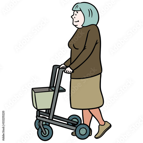 old grandma with walking aid. Isolated vector comic illustration. brown skirt, old, sick.
